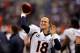 BALTIMORE, MD - DECEMBER 16: Quarterback Peyton Manning #18 of the Denver Broncos warms up on the sidelines during the second half of the Broncos game against the Baltimore Ravens at M&T Bank Stadium on December 16, 2012 in Baltimore, Maryland. (Photo by Rob Carr/Getty Images)