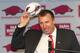 FAYETTEVILLE, AR - DECEMBER 5: Former Wisconsin Badger Head Coach Bret Bielema speaks during his introduction as the new Head Coach of the Arkansas Razorbacks on December 5, 2012 in Fayetteville, Arkansas. (Photo by Wesley Hitt/Getty Images)