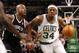 Nov 28, 2012; Boston, MA, USA; Boston Celtics small forward Paul Pierce (34) drives to the basket against Brooklyn Nets shooting guard Keith Bogans (10) during the second half at TD Garden. Mandatory Credit: Mark L. Baer-USA TODAY Sports