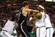 BOSTON, MA - NOVEMBER 28: Kevin Garnett #5, Jason Terry #4, and Rajon Rondo #9 of the Boston Celtics get into a fight with Kris Humphries #43 of the Brooklyn Nets during the game after Garnett was fouled on a play on November 28, 2012 at TD Garden in Boston, Massachusetts. Rajon Rondo and Kris Humphries would each be ejected from the game immediately following the fight. NOTE TO USER: User expressly acknowledges and agrees that, by downloading and or using this photograph, User is consenting to the terms and conditions of the Getty Images License Agreement. (Photo by Jared Wickerham/Getty Images)