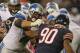 CHICAGO, IL - OCTOBER 22: Jeff Backus #76 of the Detroit Lions blocks Julius Peppers #90 of the Chicago Bears at Soldier Field on October 22, 2012 in Chicago, Illinois. The Bears defeated the Lions 13-7. (Photo by Jonathan Daniel/Getty Images)