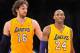 November 27, 2012; Los Angeles, CA, USA; Los Angeles Lakers power forward Pau Gasol (16) and shooting guard Kobe Bryant (24) during a stoppage in play against the Indiana Pacers during the second half at Staples Center. Mandatory Credit: Gary A. Vasquez-USA TODAY Sports