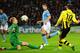 MANCHESTER, ENGLAND - OCTOBER 03: Joe Hart of Manchester City blocks the shot of Mario Gotze of Borussia Dortmund during the UEFA Champions League Group D match between Manchester City and Borussia Dortmund at the Etihad Stadium on October 3, 2012 in Manchester, England. (Photo by Stu Forster/Getty Images)