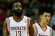 HOUSTON, TX - NOVEMBER 23: James Harden #13 and Jeremy Lin #7 of the Houston Rockets wait for a play against the New York Knicks at the Toyota Center on November 23, 2012 in Houston, Texas. NOTE TO USER: User expressly acknowledges and agrees that, bagainst the Newy downloading and or using this photograph, User is consenting to the terms and conditions of the Getty Images License Agreement. (Photo by Scott Halleran/Getty Images)