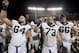 AUSTIN, TX - NOVEMBER 22: James Fry #64 of the TCU Horned Frogs celebrates with teammates Eric Tausch #73 and Blaize Foltz #66 after defeating the Texas Longhorns on November 22, 2012 at Darrell K Royal-Texas Memorial Stadium in Austin, Texas. (Photo by Cooper Neill/Getty Images)