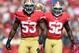 Oct 7, 2012; San Francisco, CA, USA; San Francisco 49ers linebackers NaVorro Bowman (53) and Patrick Willis (52) react after a tackle in the first quarter against the Buffalo Bills at Candlestick Park. The 49ers defeated the Bills 45-3. Mandatory Credit: Kirby Lee/Image of Sport-USA TODAY Sports