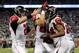 DETROIT, MI - DECEMBER 22: Roddy White #84 of the Atlanta Falcons celebrates a first quarter touchdown with Matt Ryan #2 and Tony Gonzalez #88 while playing the Detroit Lions at Ford Field on December 22, 2012 in Detroit, Michigan. (Photo by Gregory Shamus/Getty Images)