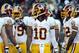 Dec 23, 2012; Philadelphia, PA, USA; Washington Redskins quarterback Robert Griffin III (10) in the huddle against the Philadelphia Eagles at Lincoln Financial Field. The Redskins defeated the Eagles, 27-20. Mandatory Credit: Eric Hartline-USA TODAY Sports