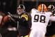 CLEVELAND, OH - JANUARY 01: Quarterback Ben Roethlisberger #7 of the Pittsburgh Steelers throws to a receiver as Ramon Foster #73 blocks defensive lineman Phil Taylor #98 of the Cleveland Browns at Cleveland Browns Stadium on January 1, 2012 in Cleveland, Ohio. (Photo by Matt Sullivan/Getty Images)