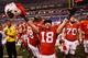 INDIANAPOLIS, IN - DECEMBER 01: Lance Baretz #18 of the Wisconsin Badgers celebrates a 70-31 win over the Nebraska Cornhuskers in the Big 10 Conference Championship Game at Lucas Oil Stadium on December 1, 2012 in Indianapolis, Indiana. (Photo by Gregory Shamus/Getty Images)