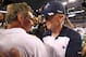 Sep 26, 2011; Arlington, TX, USA; Dallas Cowboys head coach Jason Garrett meets with Washington Redskins head coach Mike Shanahan at the end of the game at Cowboys Stadium. The Cowboys beat the Redskins 18-16. Mandatory Credit: Matthew Emmons-USA TODAY Sports