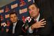 Oct 23, 2012; Boston, Massachusetts, USA; Boston Red Sox new manager John Farrell (right) speaks during a press conference as general manager Ben Cherington (left) looks on at Fenway Park. Mandatory Credit: Greg M. Cooper-USA TODAY Sports
