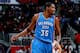 ATLANTA, GA - DECEMBER 19: Kevin Durant #35 of the Oklahoma City Thunder reacts after hitting a three-point basket against the Atlanta Hawks at Philips Arena on December 19, 2012 in Atlanta, Georgia. NOTE TO USER: User expressly acknowledges and agrees that, by downloading and or using this photograph, User is consenting to the terms and conditions of the Getty Images License Agreement. (Photo by Kevin C. Cox/Getty Images)