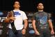 Dec 27, 2012; Las Vegas, NV, USA; UFC fighters Junior Dos Santos (left) and Cain Velasquez (right) pose for pictures following a press conference for UFC 155 at MGM Grand Garden Arena. Mandatory Credit: Jake Roth-USA TODAY Sports