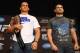 Dec 27, 2012; Las Vegas, NV, USA; UFC fighters Junior Dos Santos (left) and Cain Velasquez (right) pose for pictures following a press conference for UFC 155 at MGM Grand Garden Arena. Mandatory Credit: Jake Roth-USA TODAY Sports