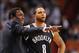 Nov. 7, 2012; Miami, FL, USA; Brooklyn Nets head coach Avery Johnson (left) talks with point guard Deron Williams (right) during the first half against the Miami Heat at American Airlines Arena. Mandatory Credit: Steve Mitchell-USA TODAY Sports