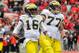 COLUMBUS, OH - NOVEMBER 24: Denard Robinson #16 of the Michigan Wolverines celebrates his 67-yard touchdown run against the Ohio State Buckeyes at Ohio Stadium on November 24, 2012 in Columbus, Ohio. (Photo by Jamie Sabau/Getty Images)