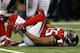 ATLANTA, GA - DECEMBER 30: John Abraham #55 of the Atlanta Falcons reacts after injuring his leg against the Tampa Bay Buccaneers at Georgia Dome on December 30, 2012 in Atlanta, Georgia. (Photo by Kevin C. Cox/Getty Images)