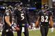 BALTIMORE, MD - DECEMBER 23: Quarterback Joe Flacco #5 of the Baltimore Ravens celebrates after throwing a touchdown pass to Ray Rice #27 (L) as Torrey Smith #82 looks on during the first half against the New York Giants at M&T Bank Stadium on December 23, 2012 in Baltimore, Maryland. (Photo by Rob Carr/Getty Images)