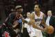 Apr 18, 2012; Charlotte, NC, USA Charlotte Bobcats guard Gerald Henderson (15) looks to pass the ball while being guarded by Chicago Bulls shooting guard Richard Hamilton (32) during the second half. The Bulls defeated the Bobcats 100-68 at Time Warner Cable Arena. Mandatory Credit: Jeremy Brevard-USA TODAY Sports