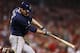 CINCINNATI, OH - SEPTEMBER 26: Corey Hart #1 of the Milwaukee Brewers singles to drive in a run in the third inning against the Cincinnati Reds during the game at Great American Ball Park on September 26, 2012 in Cincinnati, Ohio. (Photo by Joe Robbins/Getty Images)