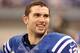 Dec 30 2012; Indianapolis, IN, USA; Indianapolis Colts quarterback Andrew Luck (12) smiles while on the sidelines during a game against the Houston Texans at Lucas Oil Stadium. Indianapolis defeats Houston 28-16. Mandatory Credit: Brian Spurlock-USA TODAY Sports