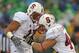 SOUTH BEND, IN - OCTOBER 13: A.J. Tarpley #17 of the Standford Cardinal (L) celebrates with teammate Chase Thomas #44 after Thomas recovered a fumble in the end zone for a touchdown against the Notre Dame Fighting Irish at Notre Dame Stadium on October 13, 2012 in South Bend, Indiana. (Photo by Jonathan Daniel/Getty Images)