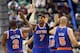 Oct 13, 2012; Hartford, CT, USA; New York Knicks forward Carmelo Anthony (7), guard Raymond Felton (2) and guard Jason Kidd (5) celebrate during the second half of a game against the Boston Celtics at XL Center. Mandatory Credit: Mark L. Baer-USA TODAY Sports