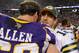 MINNEAPOLIS, MN - DECEMBER 30: Jared Allen #69 of the Minnesota Vikings and Aaron Rodgers #12 of the Green Bay Packers speak after the game on December 30, 2012 at Mall of America Field at the Hubert H. Humphrey Metrodome in Minneapolis, Minnesota. The Vikings defeated the Packers 37-34. (Photo by Hannah Foslien/Getty Images)