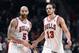 Dec 29, 2012; Chicago, IL, USA; Chicago Bulls power forward Carlos Boozer (5) and center Joakim Noah (13) react after a play against the Washington Wizards during the second half at the United Center. Chicago defeats Washington 87-77. Mandatory Credit: Mike DiNovo-USA TODAY Sports