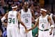 Dec 19, 2012; Boston, MA, USA; Boston Celtics small forward Paul Pierce (34), power forward Kevin Garnett (5), and shooting guard Jason Terry (4) celebrate against the Cleveland Cavaliers during the first half at TD Garden. Mandatory Credit: Mark L. Baer-USA TODAY Sports