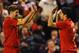 LIVERPOOL, ENGLAND - AUGUST 30: Steven Gerrard of Liverpool congratulates Luis Suarez on scoring during the UEFA Europa League play-off round second leg between Liverpool and Hearts at Anfield on August 30, 2012 in Liverpool, England. (Photo by Laurence Griffiths/Getty Images)