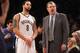 NEW YORK, NY - DECEMBER 28: Interim Coach P.J. Carlesimo of the Brooklyn Nets and Deron Williams #8 wait for play to begin in their game against the Charlotte Bobcats at the Barclays Center on December 28, 2012 in the Brooklyn borough of New York City. NOTE TO USER: User expressly acknowledges and agrees that, by downloading and/or using this photograph, user is consenting to the terms and conditions of the Getty Images License Agreement. The Nets defeated the Bobcats 97-81. (Photo by Bruce Bennett/Getty Images)