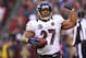 December 9, 2012; Landover, MD, USA; Baltimore Ravens running back Ray Rice (27) celebrates after scoring a touchdown against the Washington Redskins in the fourth quarter at FedEx Field. The Redskins won 31-28 in overtime. Mandatory Credit: Geoff Burke-USA TODAY Sports