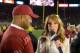 Jan 1, 2013; Pasadena, CA, USA; Stanford Cardinal head coach David Shaw is interviewed by ESPN anchor Heather Cox after winning the 2013 Rose Bowl game against Wisconsin Badgers 20-14 at the Rose Bowl. Mandatory Credit: Kirby Lee-USA TODAY Sports
