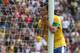 LONDON, ENGLAND - AUGUST 11: Leandro Damiao of Brazil reacts to a missed chance by team mate Oscar in injury time during the Men's Football Final between Brazil and Mexico on Day 15 of the London 2012 Olympic Games at Wembley Stadium on August 11, 2012 in London, England. (Photo by Julian Finney/Getty Images)