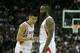 HOUSTON, TX - NOVEMBER 12: Jeremy Lin #7 (L) and James Harden #13 of the Houston Rockets react to a call against the Miami Heat at the Toyota Center on November 12, 2012 in Houston, Texas. NOTE TO USER: User expressly acknowledges and agrees that, by downloading and or using this photograph, User is consenting to the terms and conditions of the Getty Images License Agreement. (Photo by Scott Halleran/Getty Images)