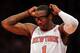 NEW YORK, NY - JANUARY 01: Amar'e Stoudemire #1 of the New York Knicks adjusts his glasses in the first quarter against the Portland Trail Blazers on January 1, 2013 at Madison Square Garden in New York City. NOTE TO USER: User expressly acknowledges and agrees that, by downloading and/or using this photograph, user is consenting to the terms and conditions of the Getty Images License Agreement. (Photo by Elsa/Getty Images)