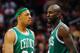Jan. 28, 2011; Phoenix, AZ, USA; Boston Celtics forward (34) Paul Pierce and forward (5) Kevin Garnett against the Phoenix Suns at the US Airways Center. Mandatory Credit: Mark J. Rebilas-USA TODAY Sports