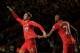 Gaston Ramirez and Guilherme do Prado of Southampton celebrate taking the lead over Arsenal during midweek.