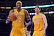 LOS ANGELES, CA - DECEMBER 28: Pau Gasol #16 and Dwight Howard #12 of the Los Angeles Lakers react to a foul call during the game against the Portland Trail Blazers at Staples Center on December 28, 2012 in Los Angeles, California. The Lakers won 104-87. NOTE TO USER: User expressly acknowledges and agrees that, by downloading and or using this photograph, User is consenting to the terms and conditions of the Getty Images License Agreement. (Photo by Harry How/Getty Images)