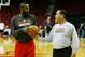 HOUSTON, TX - JANUARY 02: Rockets assistant coach Kelvin Sampson (R) chats with James Harden #13 prior to the start of the game between the New Orleans Hornets v Houston Rockets at Toyota Center on January 2, 2013 in Houston, Texas. NOTE TO USER: User expressly acknowledges and agrees that, by downloading and or using this photograph, User is consenting to the terms and conditions of the Getty Images License Agreement. (Photo by Scott Halleran/Getty Images)