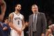 NEW YORK, NY - DECEMBER 28: Interim Coach P.J. Carlesimo of the Brooklyn Nets and Deron Williams #8 wait for play to begin in their game against the Charlotte Bobcats at the Barclays Center on December 28, 2012 in the Brooklyn borough of New York City. NOTE TO USER: User expressly acknowledges and agrees that, by downloading and/or using this photograph, user is consenting to the terms and conditions of the Getty Images License Agreement. The Nets defeated the Bobcats 97-81. (Photo by Bruce Bennett/Getty Images)