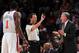 Feb 29, 2012; New York, NY, USA; New York Knicks head coach Mike D'Antoni argues a technical foul call on power forward Amare Stoudemire (1) during the second quarter against the Cleveland Cavaliers at Madison Square Garden. Mandatory Credit: Anthony Gruppuso-USA TODAY Sports