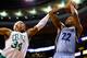 BOSTON, MA - JANUARY 2: Rudy Gay #22 of the Memphis Grizzlies takes a shot over Paul Pierce #34 of the Boston Celtics during the game on January 2, 2013 at TD Garden in Boston, Massachusetts. NOTE TO USER: User expressly acknowledges and agrees that, by downloading and or using this photograph, User is consenting to the terms and conditions of the Getty Images License Agreement. (Photo by Jared Wickerham/Getty Images)