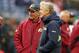 Nov 27, 2011; Seattle, WA, USA; Pregame handshake between Washington Redskins head coach Mike Shanahan and Seattle Seahawks head coach Pete Carroll at CenturyLink Field. Mandatory Credit: Mike Nelson-USA TODAY Sports