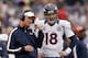 BALTIMORE, MD - DECEMBER 16: Quarterback Peyton Manning #18 of the Denver Broncos talks with offensive Coordinator Mike McCoy during the second half against the Baltimore Ravens at M&T Bank Stadium on December 16, 2012 in Baltimore, Maryland. (Photo by Rob Carr/Getty Images)