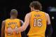 LOS ANGELES, CA - NOVEMBER 27: Kobe Bryant #24 of the Los Angeles Lakers and Pau Gasol #16 talk during a 79-77 Indiana Pacers win at Staples Center on November 27, 2012 in Los Angeles, California. NOTE TO USER: User expressly acknowledges and agrees that, by downloading and or using this photograph, User is consenting to the terms and conditions of the Getty Images License Agreement. (Photo by Harry How/Getty Images)