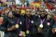 Aug 12, 2012; London, United Kingdom; USA players from left Kevin Durant , Carmelo Anthony , LeBron James and Kobe Bryant pose with their gold medals after defeating Spain 107-100 during the men's basketball gold medal game in the London 2012 Olympic Games at North Greenwich Arena. Mandatory Credit: Bob Donnan-USA TODAY Sports