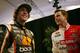 DAYTONA BEACH, FL - FEBRUARY 16: Travis Pastrana (L), driver of the #99 Boost Mobile Toyota, and Trevor Bayne, driver of the #16 Ford. Drive One./Ford Mustang Ford, attend NASCAR Media Day at Daytona International Speedway on February 16, 2012 in Daytona Beach, Florida. (Photo by Tom Pennington/Getty Images for NASCAR)
